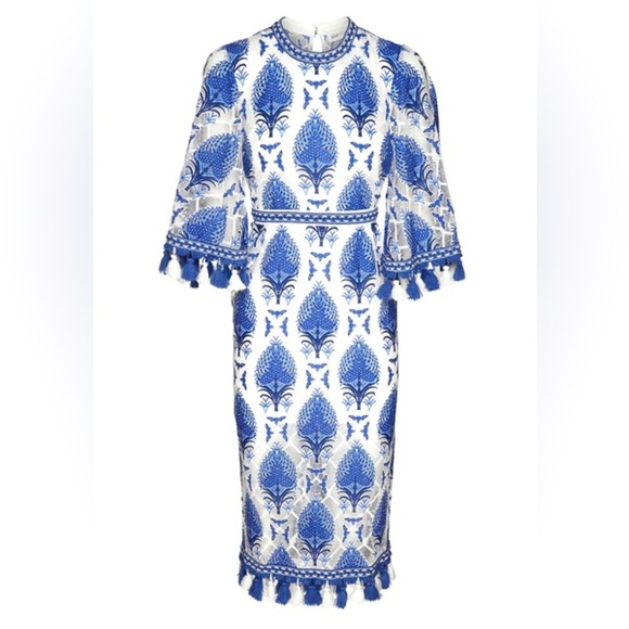 Blue and white embroidered dress with tassel sleeve and hem sz 2-4 - Picture 3 of 7